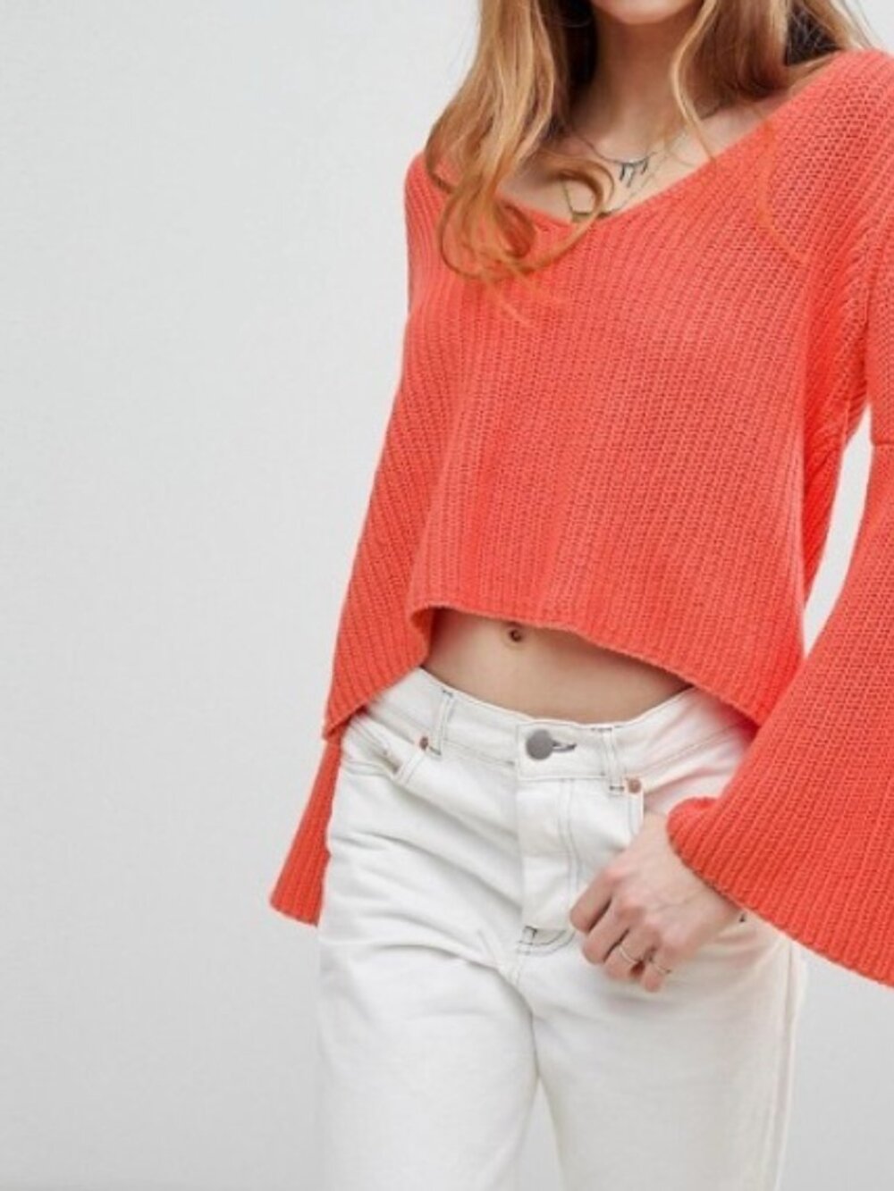 Free People Damsel V-Neck Flare Sleeve Sweater Chunky Knit Retro Boho Hippie M